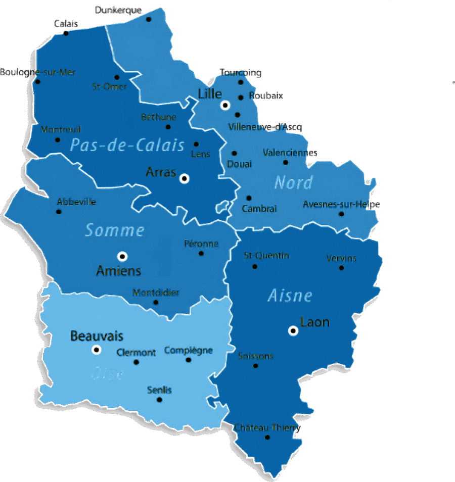 Carte des Hauts-de-France : Nord, Pas-de-Calais, Somme, Oise, Aisne — zone d'intervention d'Arena Jeux